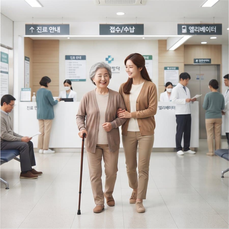 병원에서 가족과 함께 이동하는 어르신